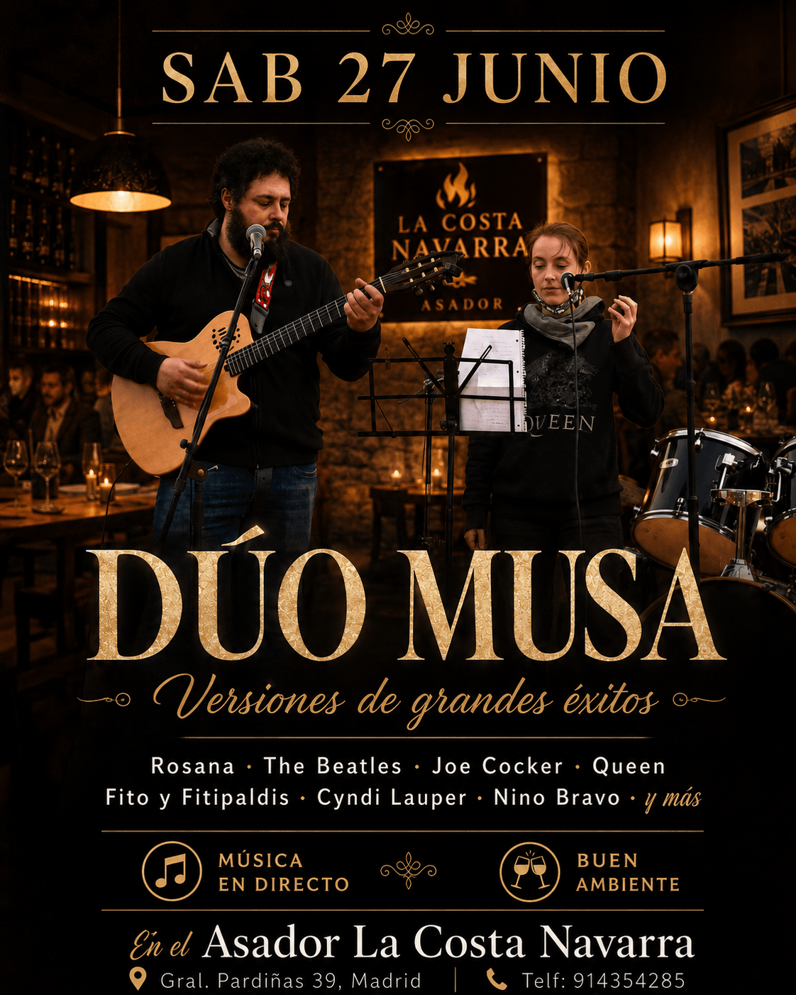 Cartel del evento musical Versiones de grandes éxitos con Dúo Musa en el asador La Costa Navarra, Madrid